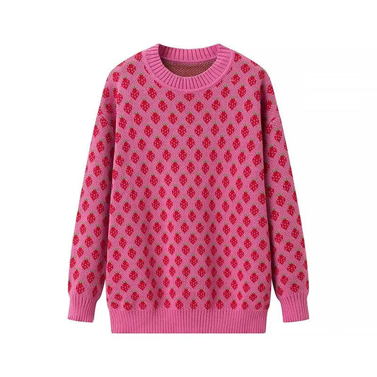 Sweaters- Strawberry Pattern Knit Sweater Playful Pullover- Rose- IndioGear Women Clothing