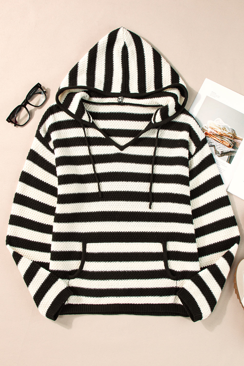 Sweaters- Stripe Hooded Knit Sweater Pocketed Jumper- - IndioGear Women Clothing