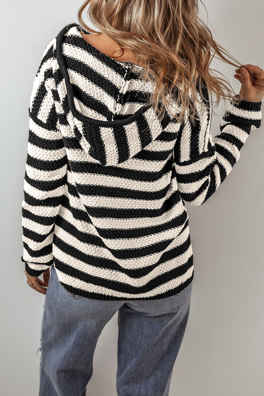 Sweaters- Stripe Hooded Knit Sweater Pocketed Jumper- - IndioGear Women Clothing