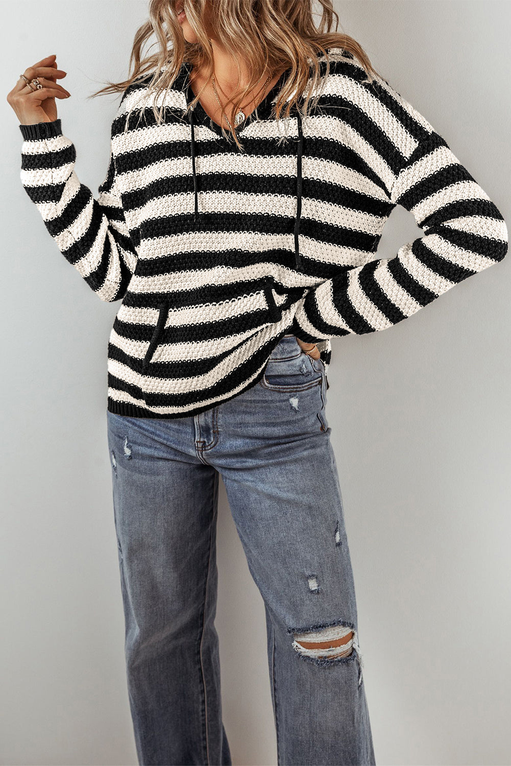 Sweaters- Stripe Hooded Knit Sweater Pocketed Jumper- - IndioGear Women Clothing