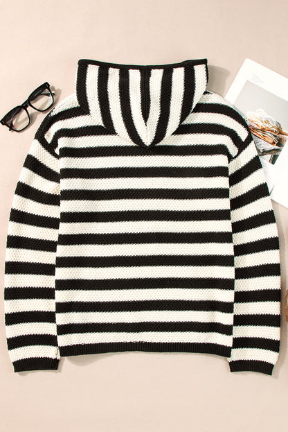 Sweaters- Stripe Hooded Knit Sweater Pocketed Jumper- - IndioGear Women Clothing