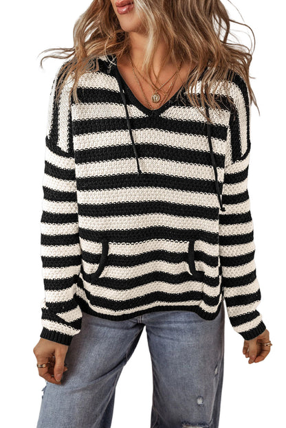 Sweaters- Stripe Hooded Knit Sweater Pocketed Jumper- - IndioGear Women Clothing