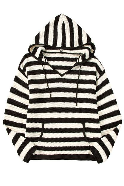 Sweaters- Stripe Hooded Knit Sweater Pocketed Jumper- - IndioGear Women Clothing