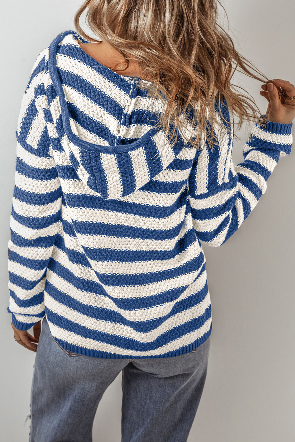 Sweaters- Stripe Hooded Knit Sweater Pocketed Jumper- - IndioGear Women Clothing