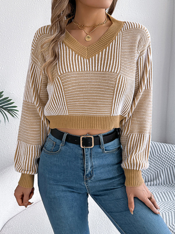 Sweaters- Stripe V-Neck Sweater Lantern Sleeve Crop Jumper- Khaki- IndioGear Women Clothing