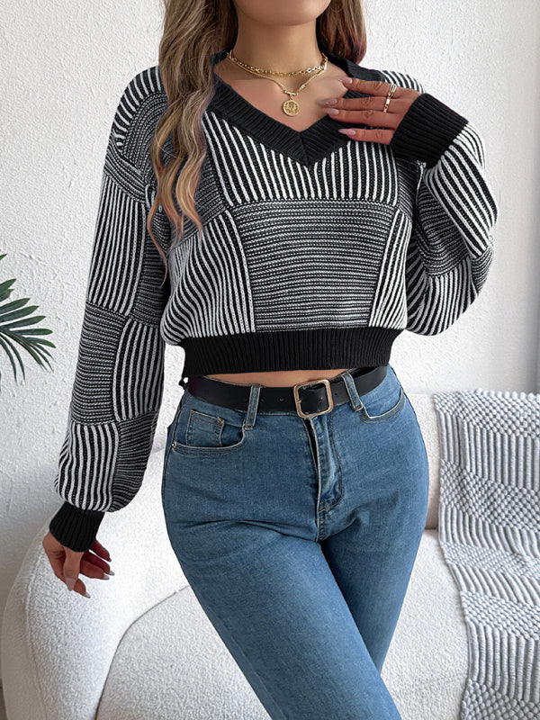 Sweaters- Stripe V-Neck Sweater Lantern Sleeve Crop Jumper- - IndioGear Women Clothing