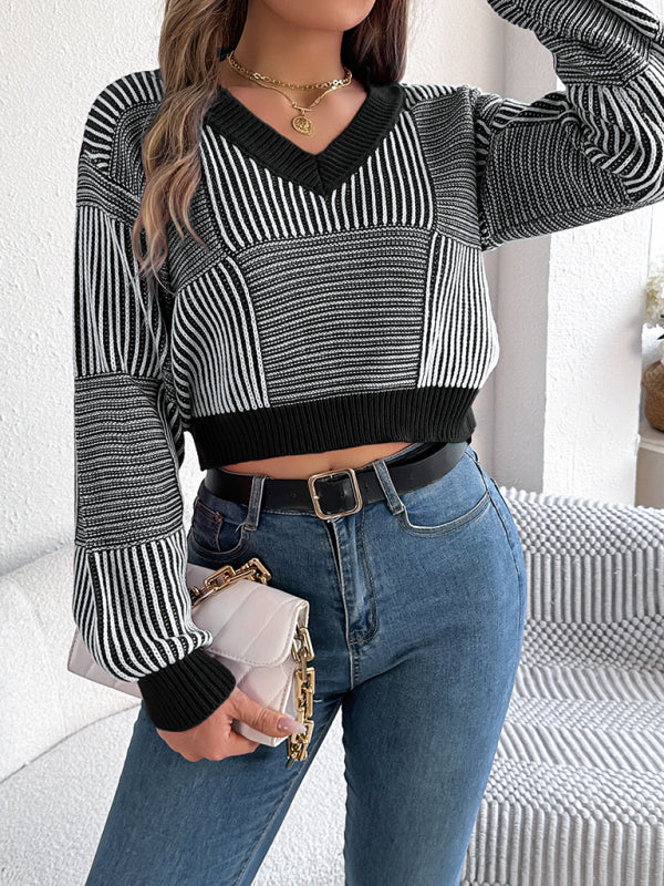 Sweaters- Stripe V-Neck Sweater Lantern Sleeve Crop Jumper- - IndioGear Women Clothing