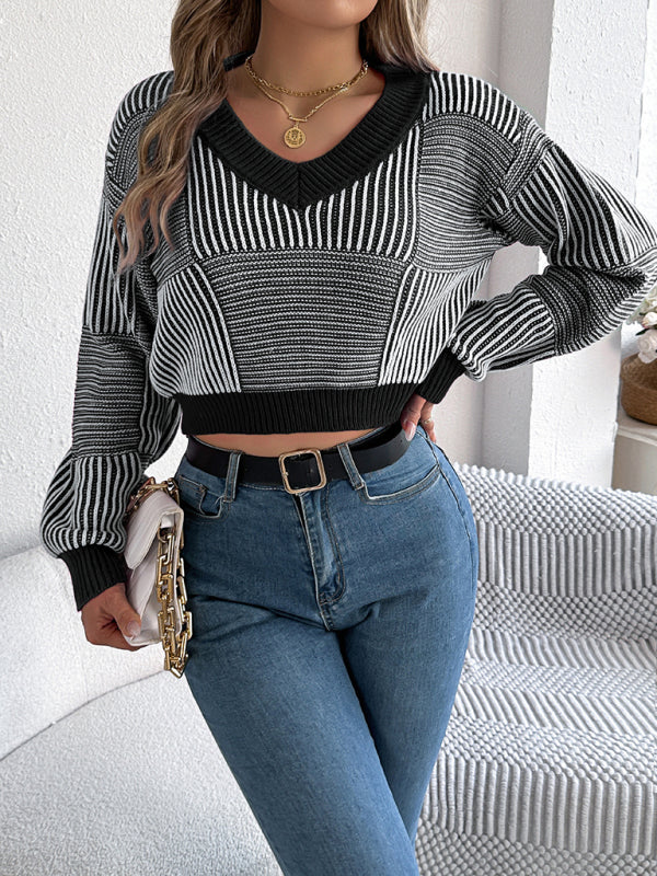 Sweaters- Stripe V-Neck Sweater Lantern Sleeve Crop Jumper- - IndioGear Women Clothing