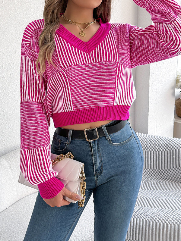 Sweaters- Stripe V-Neck Sweater Lantern Sleeve Crop Jumper- - IndioGear Women Clothing