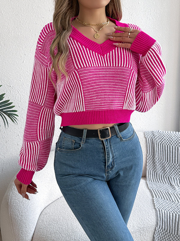 Sweaters- Stripe V-Neck Sweater Lantern Sleeve Crop Jumper- - IndioGear Women Clothing