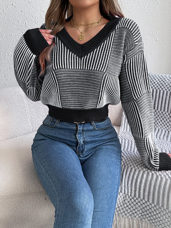 Sweaters- Stripe V-Neck Sweater Lantern Sleeve Crop Jumper- - IndioGear Women Clothing