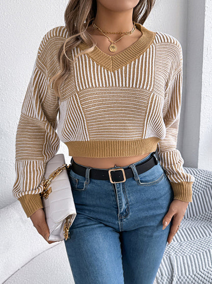 Sweaters- Stripe V-Neck Sweater Lantern Sleeve Crop Jumper- - IndioGear Women Clothing