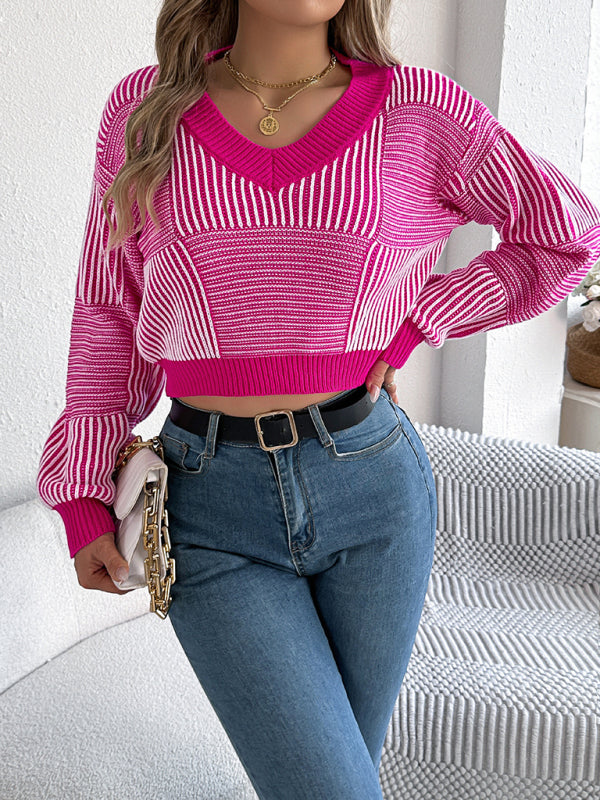 Sweaters- Stripe V-Neck Sweater Lantern Sleeve Crop Jumper- Rose- IndioGear Women Clothing