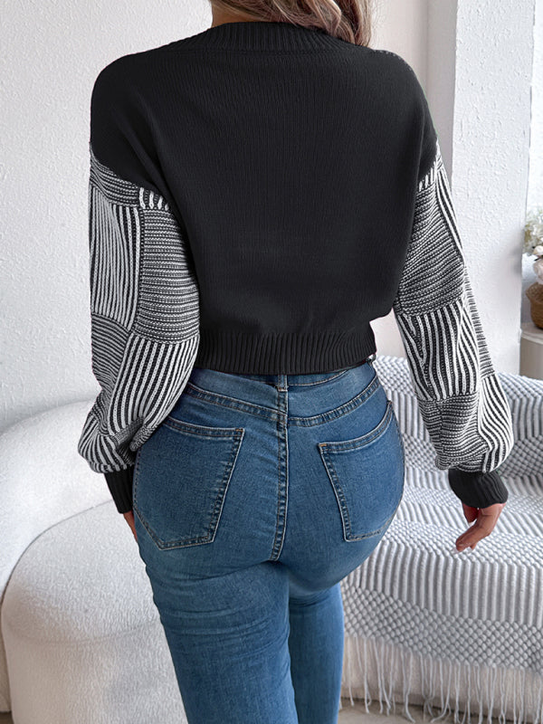 Sweaters- Stripe V-Neck Sweater Lantern Sleeve Crop Jumper- - IndioGear Women Clothing