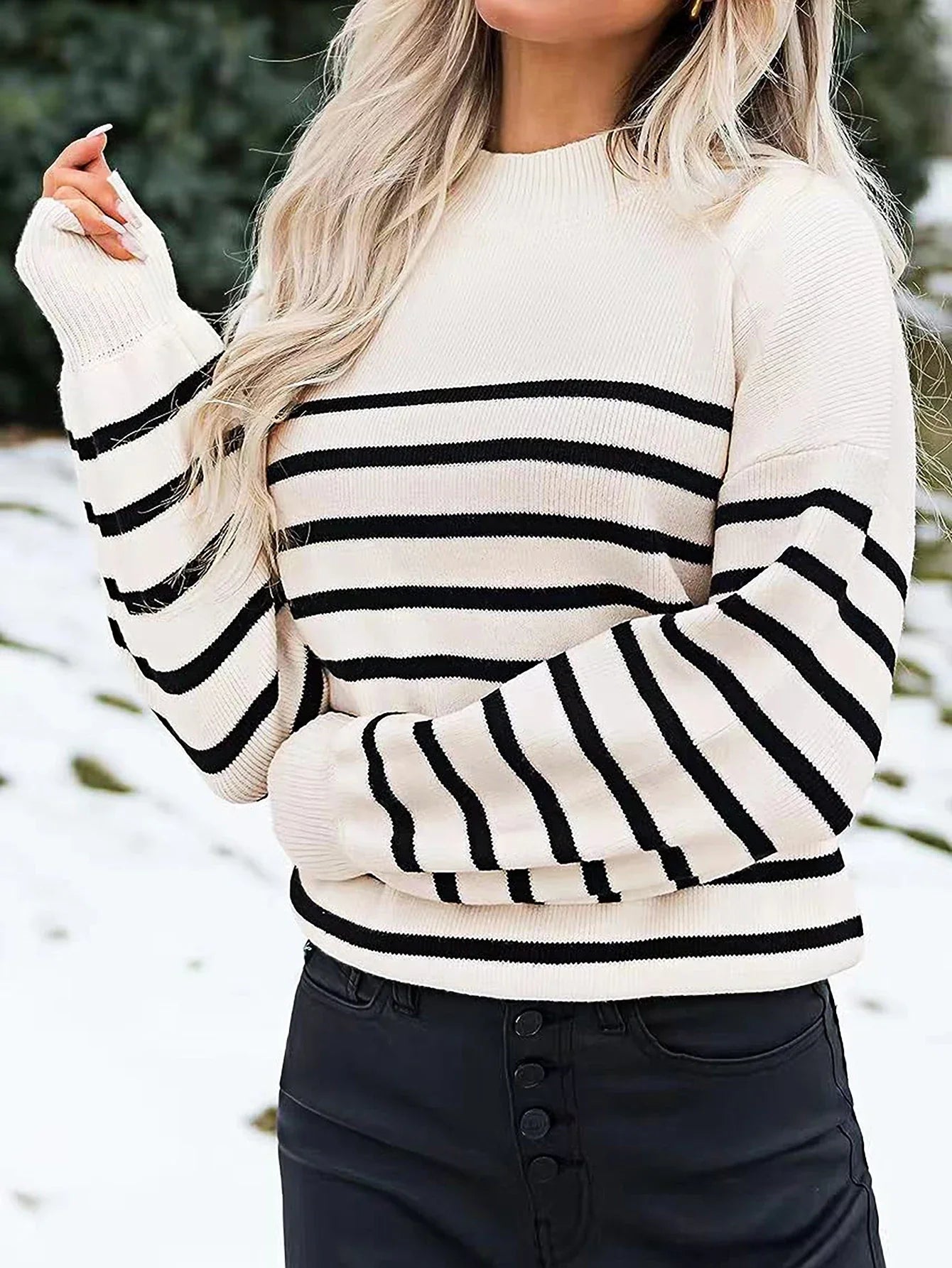 Sweaters- Striped Crew Neck Sweater - Fall Essential- - IndioGear.com