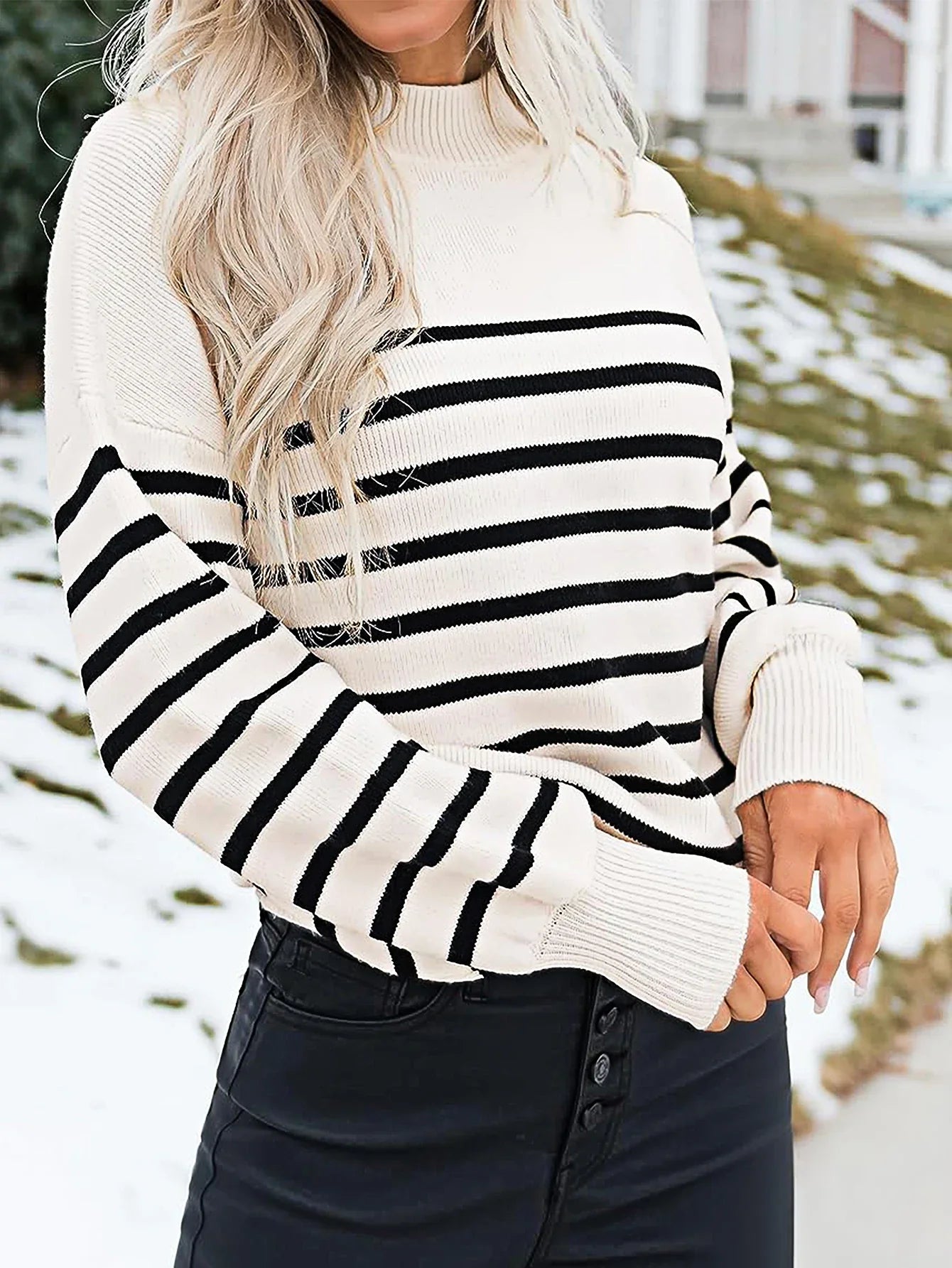 Sweaters- Striped Crew Neck Sweater - Fall Essential- - IndioGear.com