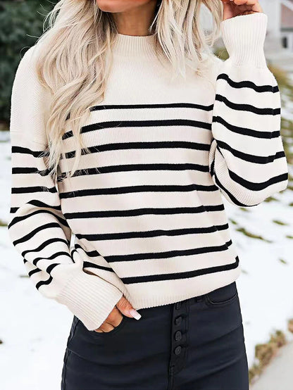 Sweaters- Striped Crew Neck Sweater - Fall Essential- Beige and Black- IndioGear.com