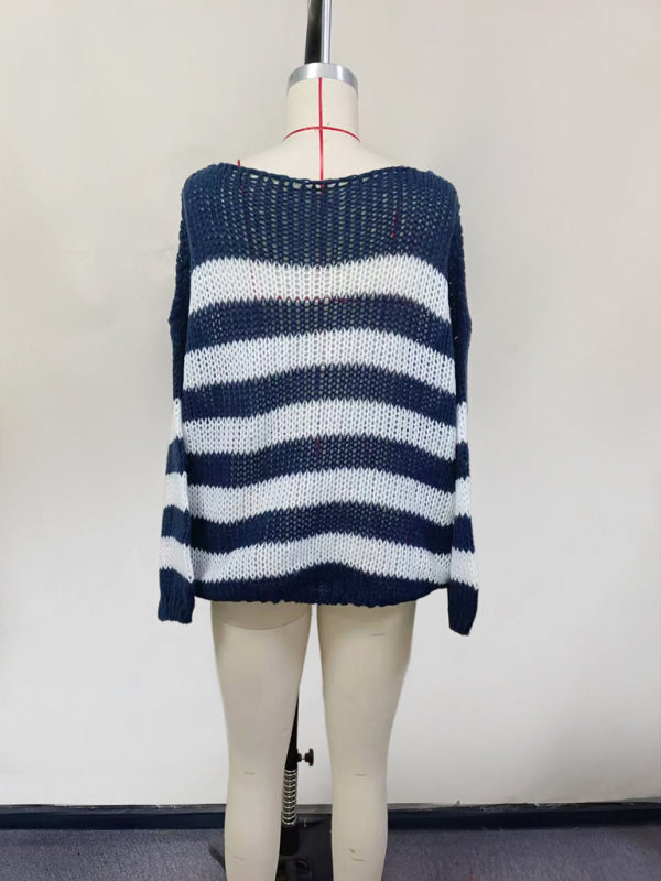 Sweaters- Striped Jumper Open-Knit Slouchy Sweater- - IndioGear Women Clothing