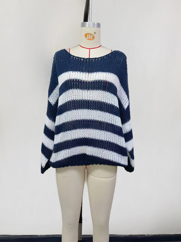 Sweaters- Striped Jumper Open-Knit Slouchy Sweater- - IndioGear Women Clothing