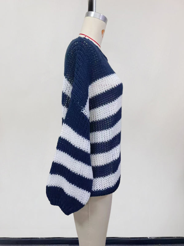 Sweaters- Striped Jumper Open-Knit Slouchy Sweater- - IndioGear Women Clothing