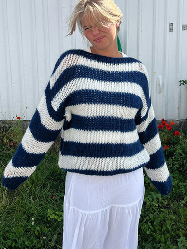 Sweaters- Striped Jumper Open-Knit Slouchy Sweater- - IndioGear Women Clothing