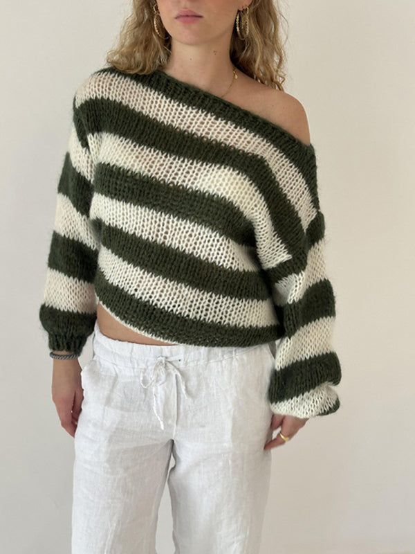 Sweaters- Striped Jumper Open-Knit Slouchy Sweater- - IndioGear Women Clothing