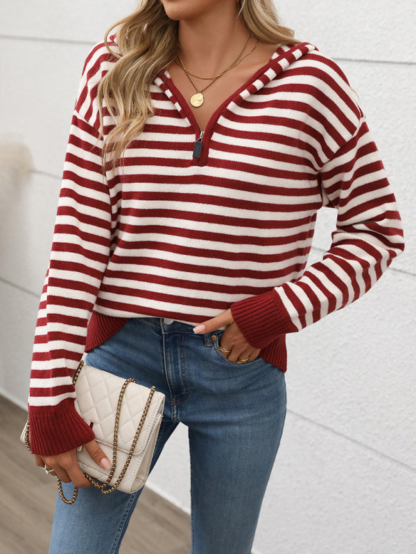 Sweaters- Striped Jumper Zip Hoodie Knit Sweater- - IndioGear Women Clothing