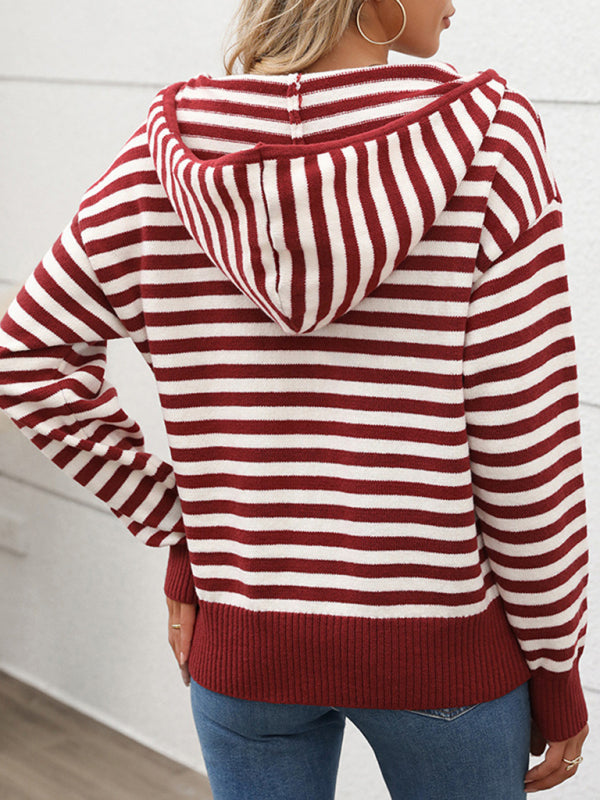 Sweaters- Striped Jumper Zip Hoodie Knit Sweater- - IndioGear Women Clothing