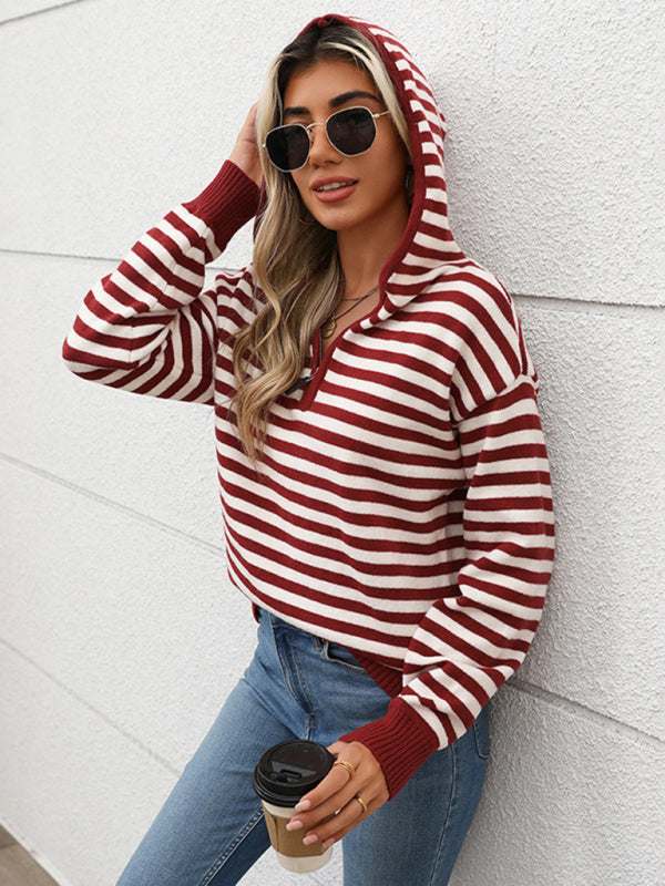 Sweaters- Striped Jumper Zip Hoodie Knit Sweater- - IndioGear Women Clothing