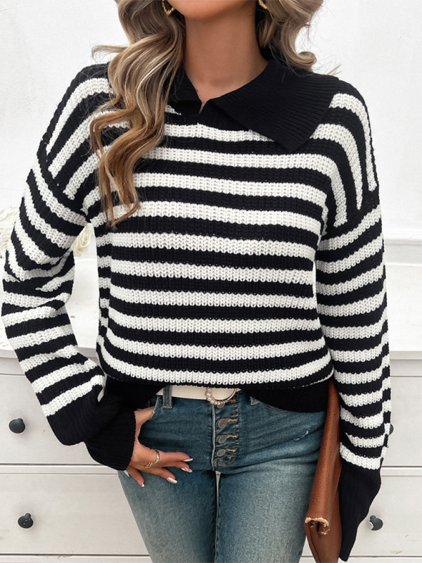 Sweaters- Striped Knit Sweater with Wide Solid Collar- Black- IndioGear.com