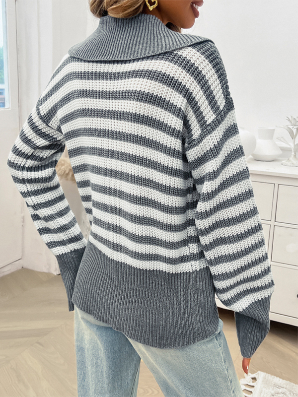 Sweaters- Striped Knit Sweater with Wide Solid Collar- - IndioGear.com