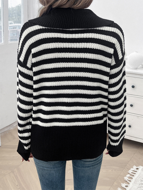 Sweaters- Striped Knit Sweater with Wide Solid Collar- - IndioGear.com