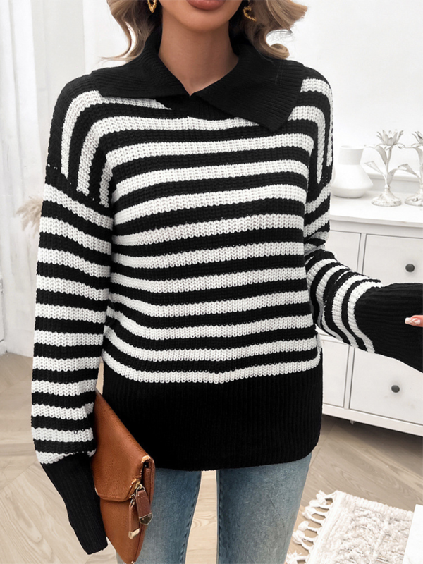 Sweaters- Striped Knit Sweater with Wide Solid Collar- - IndioGear.com