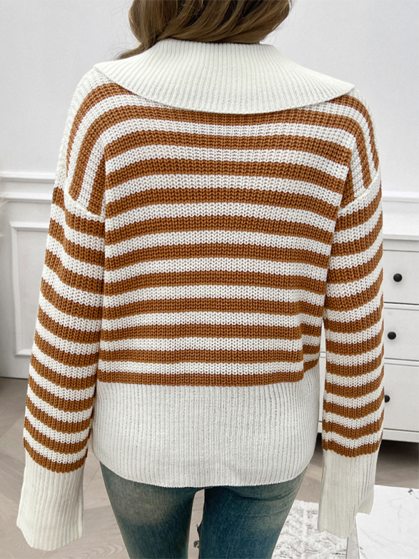 Sweaters- Striped Knit Sweater with Wide Solid Collar- - IndioGear.com