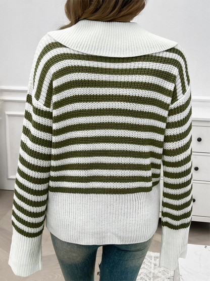 Sweaters- Striped Knit Sweater with Wide Solid Collar- - IndioGear.com