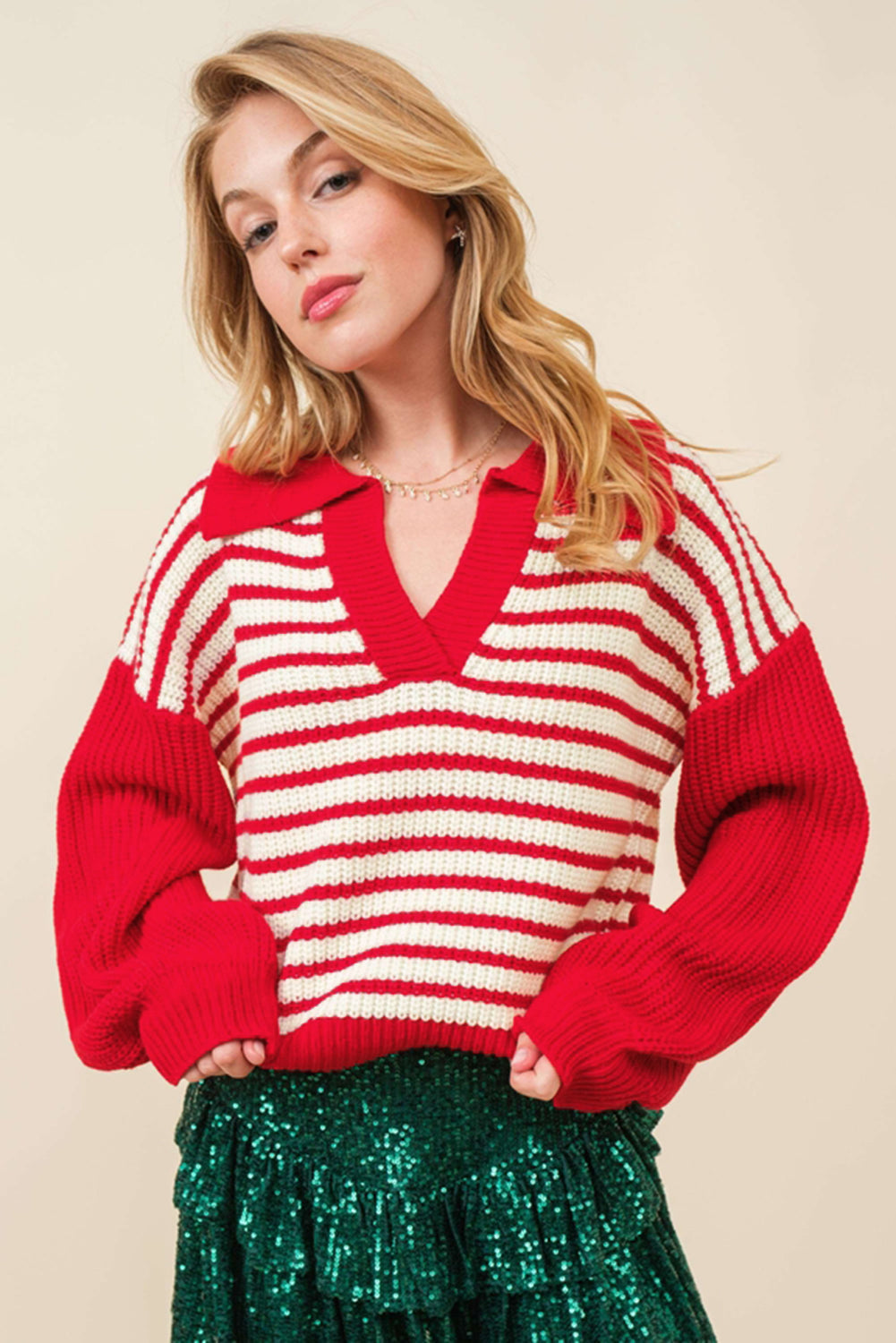 Sweaters- Striped V-Neck Lantern Sleeve Sweater Festive Jumper- - IndioGear Women Clothing