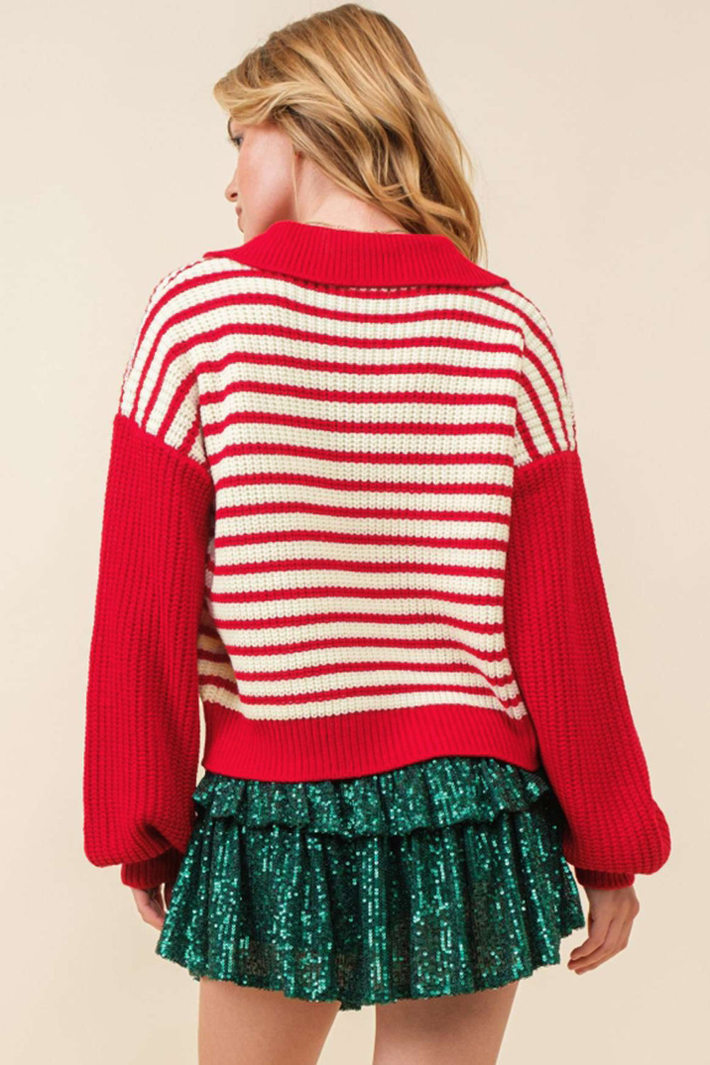 Sweaters- Striped V-Neck Lantern Sleeve Sweater Festive Jumper- - IndioGear Women Clothing