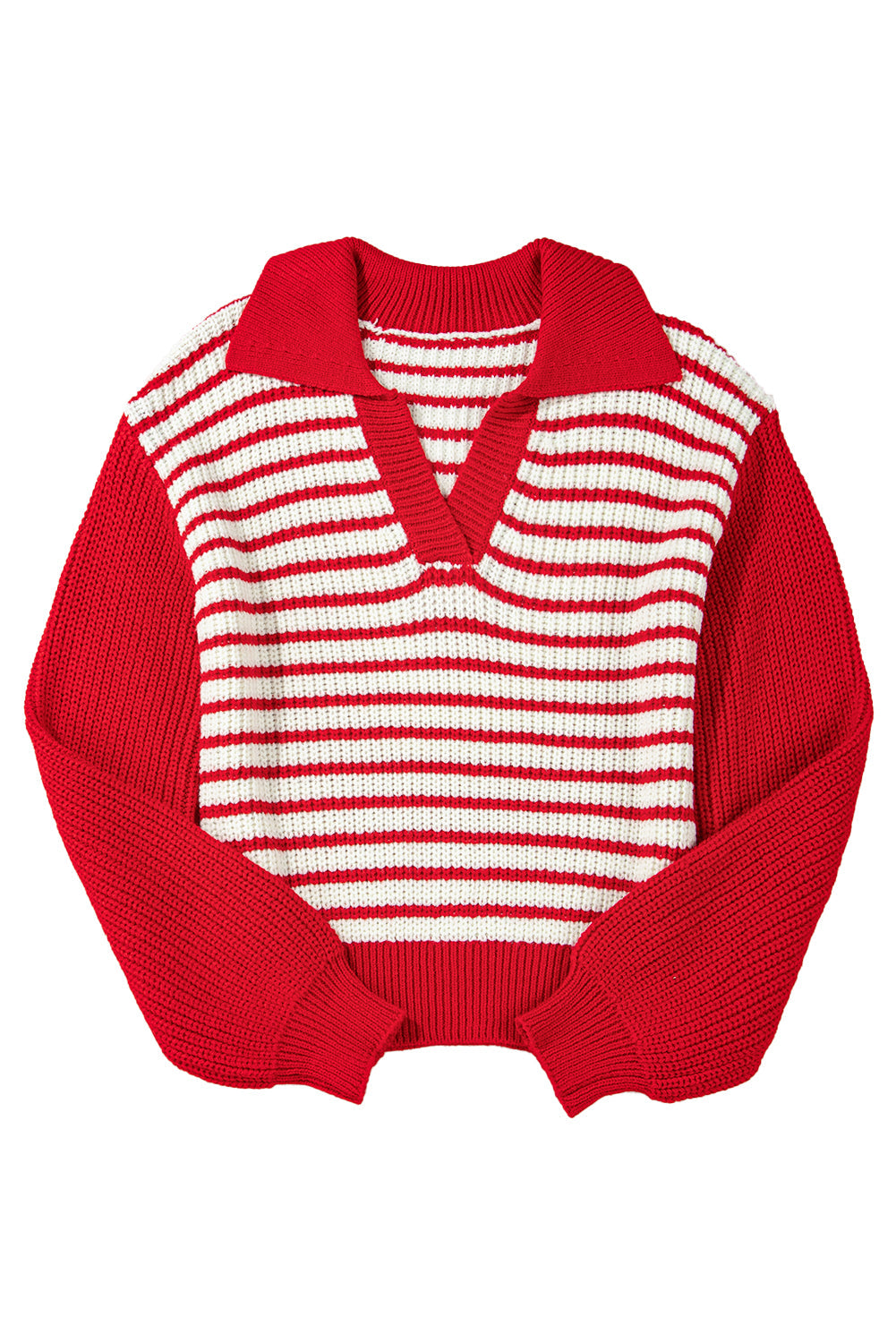 Sweaters- Striped V-Neck Lantern Sleeve Sweater Festive Jumper- - IndioGear Women Clothing