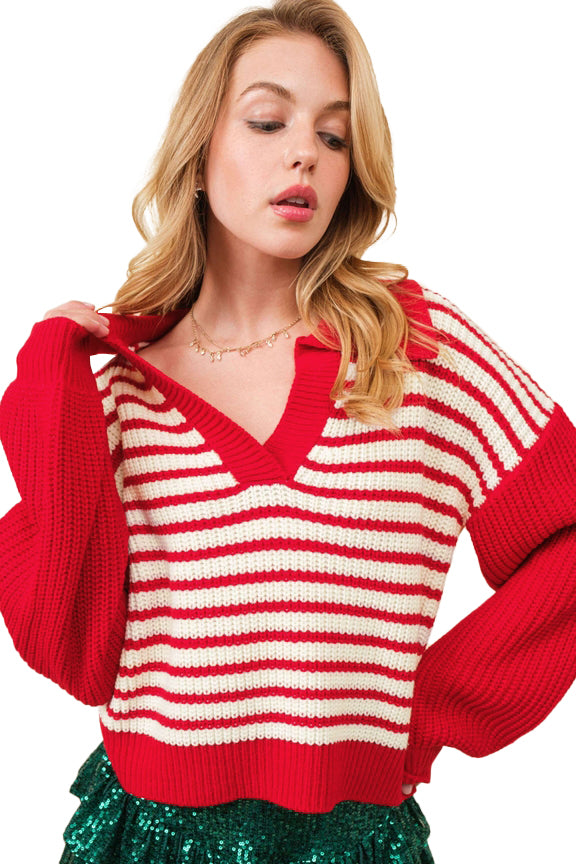 Sweaters- Striped V-Neck Lantern Sleeve Sweater Festive Jumper- - IndioGear Women Clothing