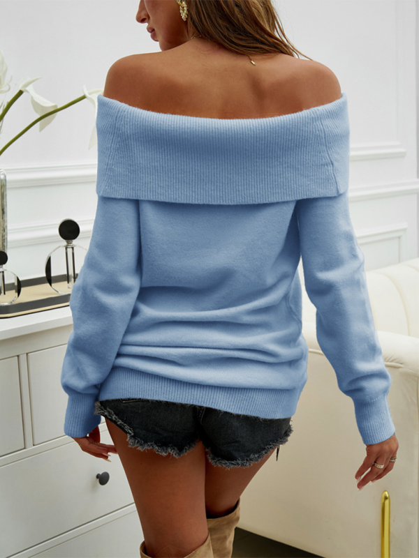 Sweaters Tops- Folded Collar Off-Shoulder Knit Pullover- - IndioGear.com