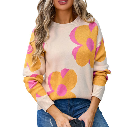 Sweaters- Trendy Big Flower Knit Sweater - Women’s Cozy Crewneck Jumper- Beige- IndioGear.com