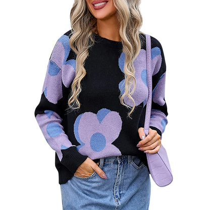 Sweaters- Trendy Big Flower Knit Sweater - Women’s Cozy Crewneck Jumper- Black- IndioGear.com