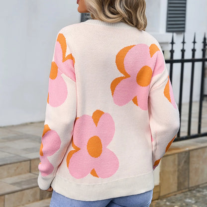 Sweaters- Trendy Big Flower Knit Sweater - Women’s Cozy Crewneck Jumper- - IndioGear.com