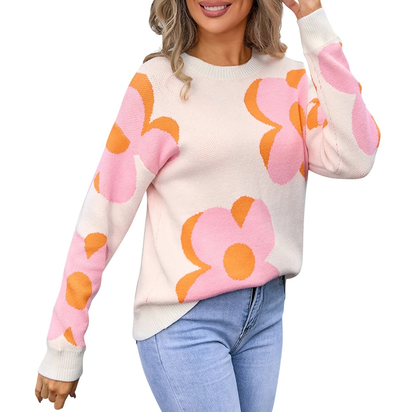 Sweaters- Trendy Big Flower Knit Sweater - Women’s Cozy Crewneck Jumper- Pink- IndioGear.com