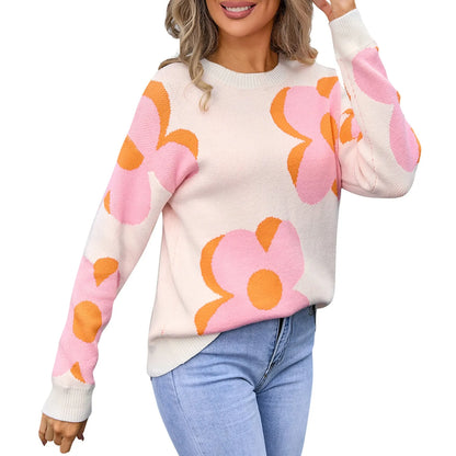 Sweaters- Trendy Big Flower Knit Sweater - Women’s Cozy Crewneck Jumper- Pink- IndioGear.com