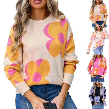 Sweaters- Trendy Big Flower Knit Sweater - Women’s Cozy Crewneck Jumper- - IndioGear.com