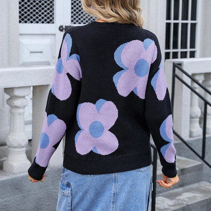 Sweaters- Trendy Big Flower Knit Sweater - Women’s Cozy Crewneck Jumper- - IndioGear.com