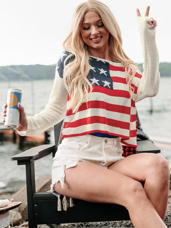 Sweaters- USA Pride Essential Women's Flag Print Sweater Pullover- - IndioGear.com