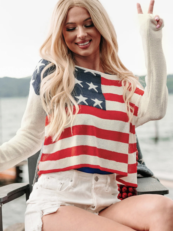 Sweaters- USA Pride Essential Women's Flag Print Sweater Pullover- - IndioGear.com