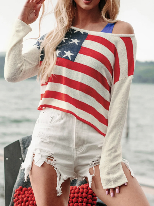 Sweaters- USA Pride Essential Women's Flag Print Sweater Pullover- - IndioGear.com